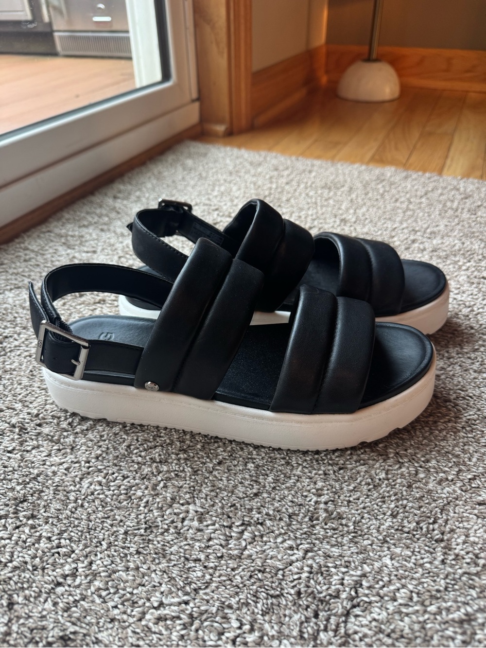 UGG Black Padded Strap Platform Sandals with White Sole